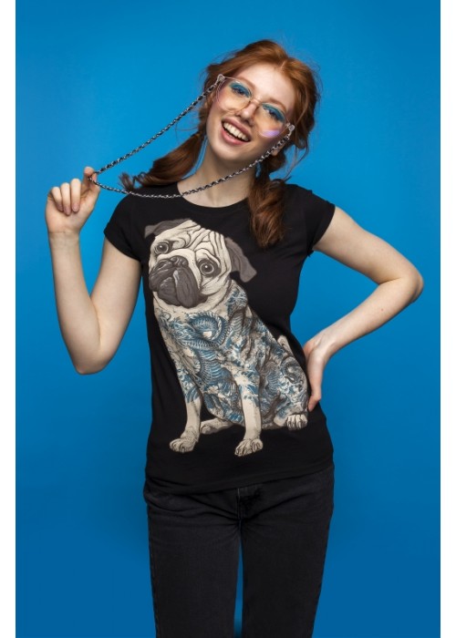 Чорна жіноча футболка з мопсом (Tattoo Pug)